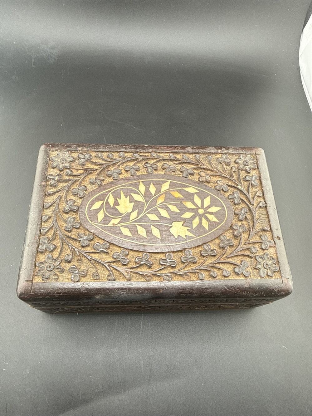 Vintage Handmade Wooden Jewelry Or Trinket Box Floral Design Hinged Lid